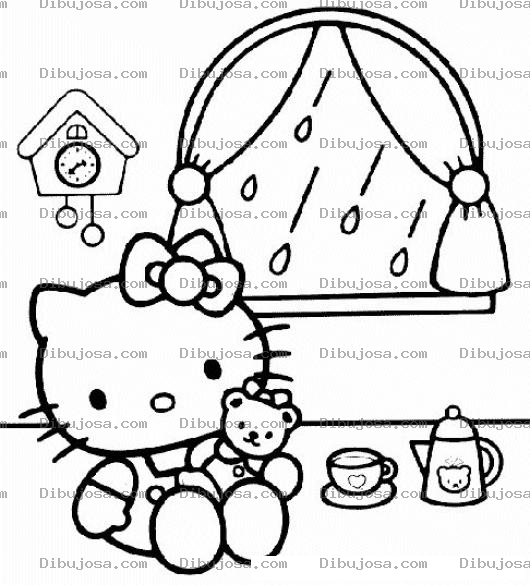 Dibujo para colorear Hello Kitty Frente A La Ventana En Un Dia De Lluvia Para Pintar Y Colorear