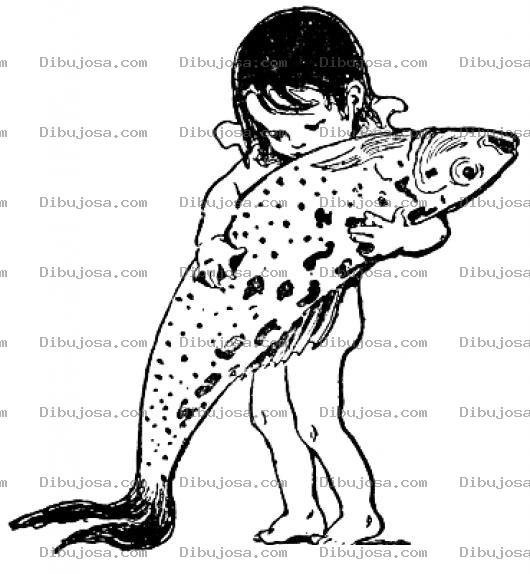 Dibujo para colorear Nina Abrazando A Un Pescado Para Pintar Y Colorear