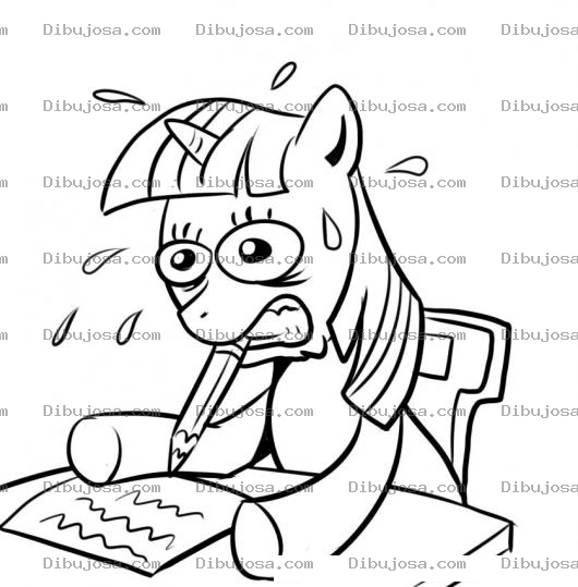 Dibujo para colorear Pony Unicornio En Un Examen De La Escuela Para Pintar Y Colorear