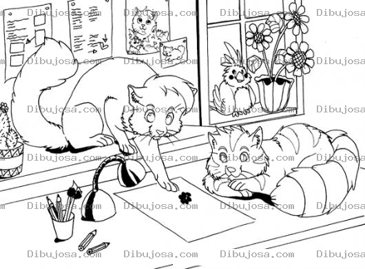 Dibujo para colorear Pareja De Gatos Pintando Huellas En Una Hoja Para Pintar Y Colorear
