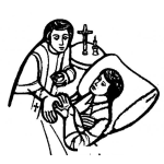 Dibujo para colorear Dibujo De Sacerdote Rezando Con Una Enferma En Cama Para Pintar Y Colorear