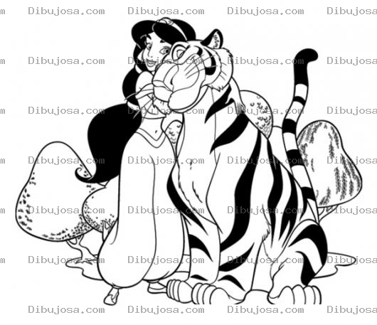 Dibujo para colorear Dibujo De La Princesa Jazmin Abrazando Al Tigre Para Pintar Y Colorear