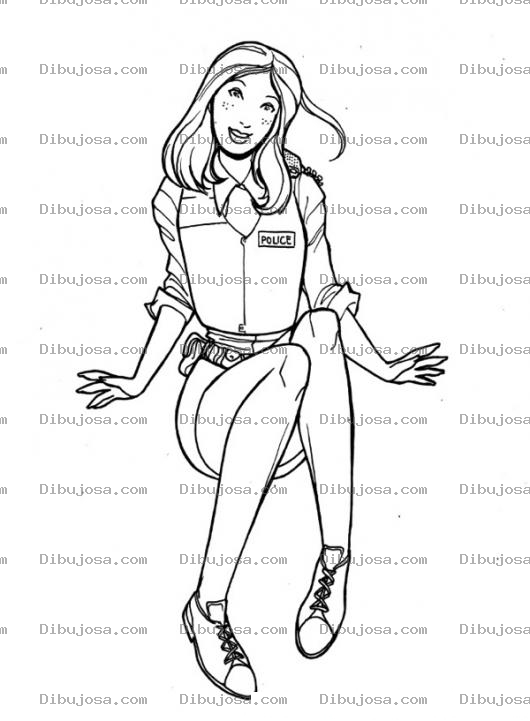 Dibujo para colorear Chica Policia En Shorts Sentada En El Suelo Para Pintar Y Colorear