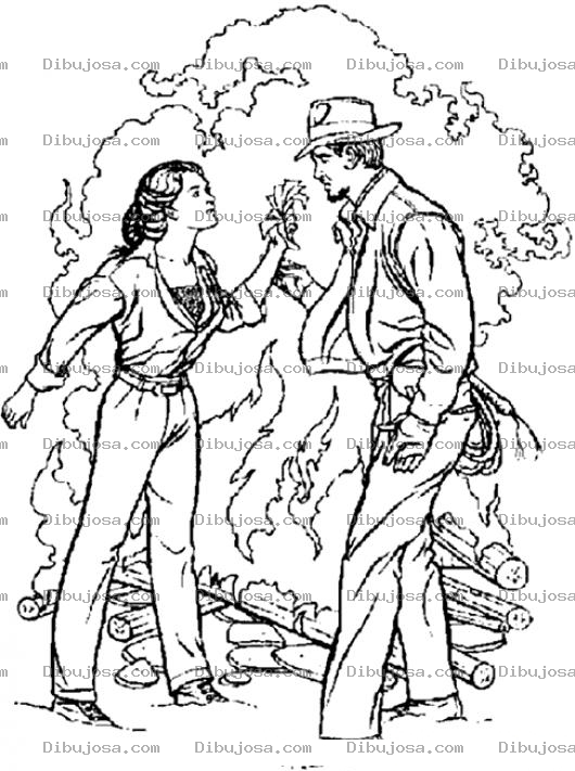 Dibujo para colorear Indiana Jones Con Una Mujer En Frente Del Fuego Para Pintar Y Colorear