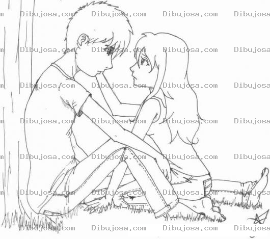 Dibujo para colorear Pareja De Novios Enamorados Sentados Abajo De Un Arbol Para Pintar Y Colorear