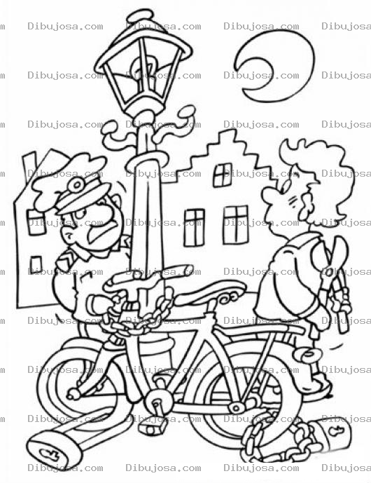Dibujo para colorear Dibujo De Un Ladron De Bicicletas Haciendose El Loco Frente A Un Policia Para Pintar Y Colorear
