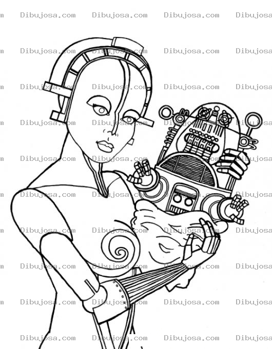 Dibujo para colorear Mama Robot Con Su Bebe Robot Para Pintar Y Colorear