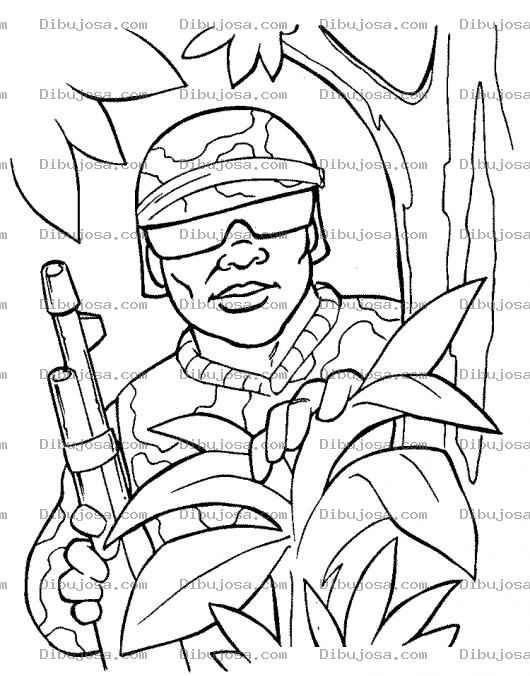 Dibujo para colorear Soldado Negrito Con Lentes A La Par De Un Arbol Para Pintar Y Colorear