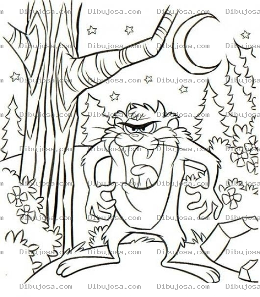 Dibujo para colorear Dibujo De Taz En El Bosque De Noche Para Pintar Y Colorear