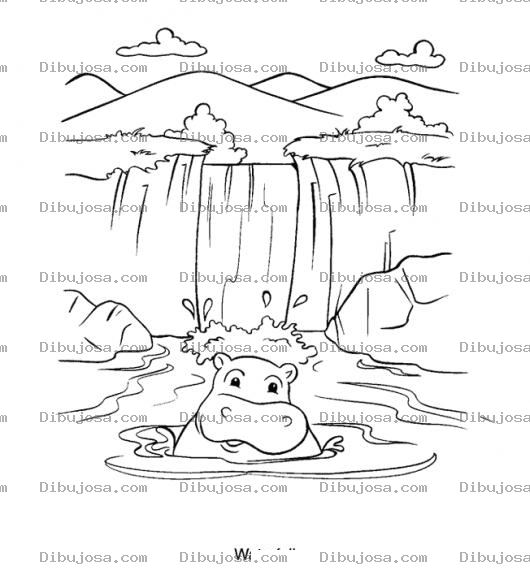 Dibujo para colorear Hipopotamo Banandose En Un Rio Con Catarata Para Pintar Y Colorear