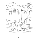 Dibujo para colorear Hipopotamo Banandose En Un Rio Con Catarata Para Pintar Y Colorear