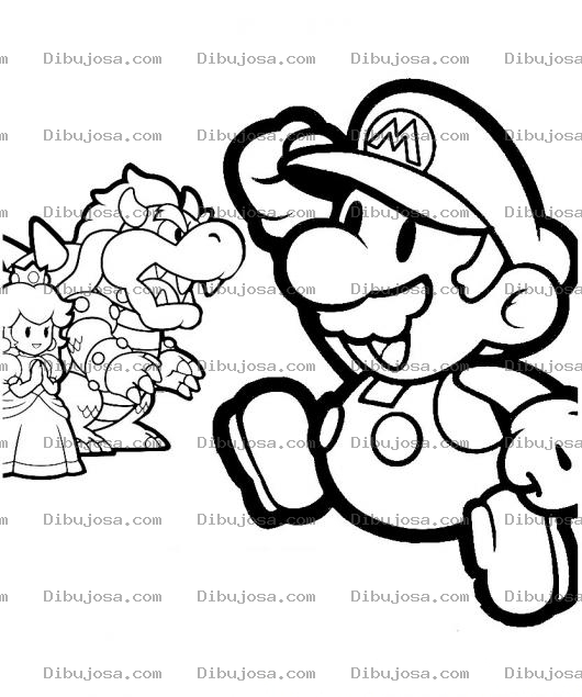 Dibujo para colorear Colorear a Mario Bros con el dragon y la princesa