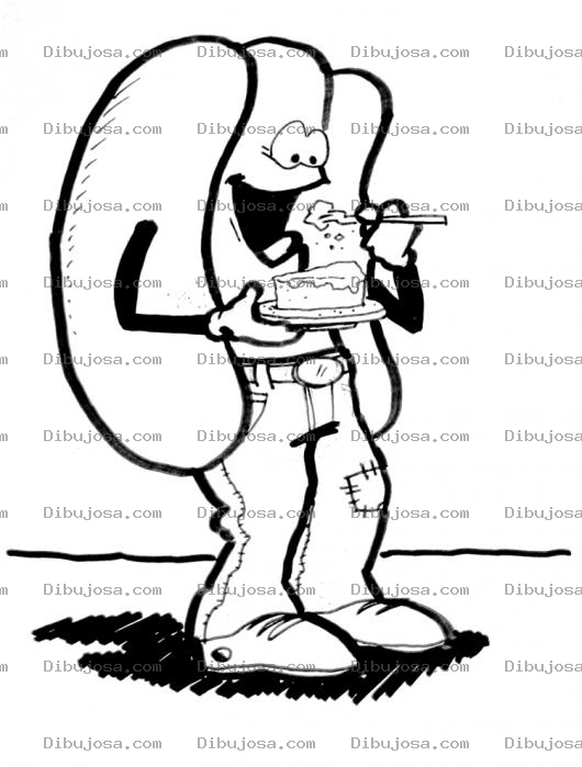 Dibujo para colorear Diujo De Hotdog Comiendo Pastel Para Pintar Y Colorear