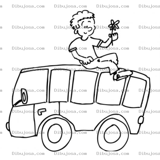 Dibujo para colorear Dibujo De Nino Con Una Flor Sentado Sobre Un Autobus Para Pintar Y Colorear