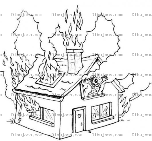 Dibujo para colorear Dibujo De Casa Agarrando Fuego Y Mujer Pidiendo Ayuda Para Pintar Y Colorear Incendio De Casa En Llamas Ardiendo Y Quemandose