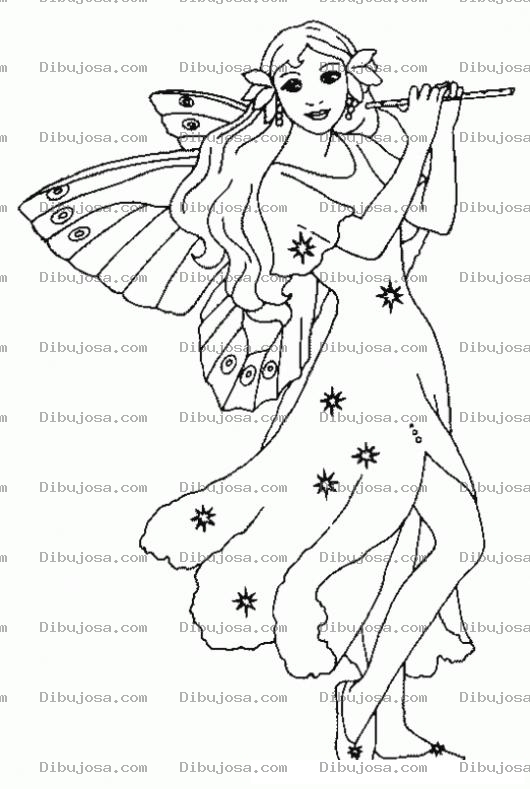 Dibujo para colorear Dibujo De Hada Con Alas Y Flauta Para Pintar Y Colorear