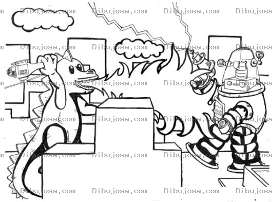 Dibujo para colorear Dibujo De Dragon Sacando Fuega En La Ciudad Peleando Contra Un Robot Para Pintar Y Colorear
