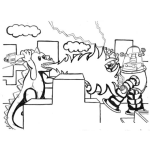 Dibujo para colorear Dibujo De Dragon Sacando Fuega En La Ciudad Peleando Contra Un Robot Para Pintar Y Colorear
