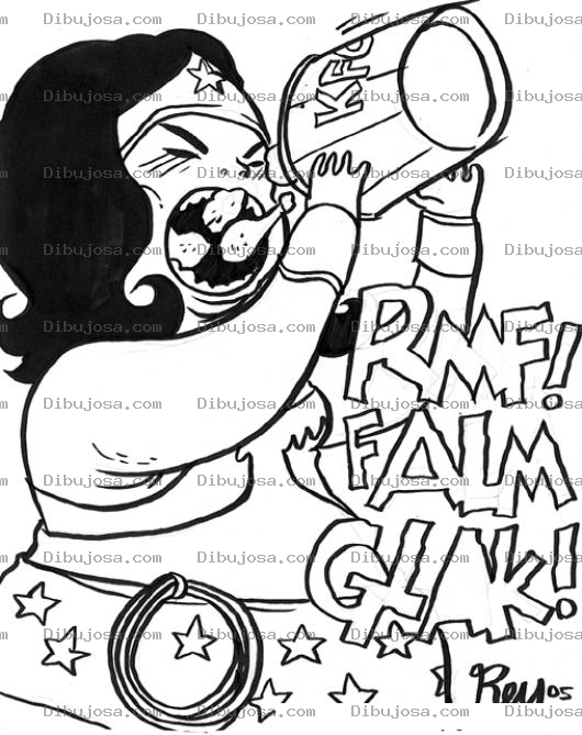Dibujo para colorear Dibujo De La Mujer Maravilla Comiendo Como Una Gorda Glotona Para Pintar Y Colorear