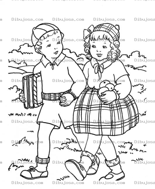 Dibujo para colorear Dibujo De Una Parejita De Ninos Camino A La Escuela Para Pintar Y Colorear