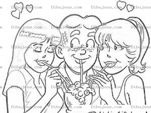 Dibujo para colorear Dibujo De Chico Mujeriego Para Pintar Y Colorear A Archie Tomando Malteada Con Dos Muchachas Enamoradas De El