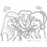 Dibujo para colorear Dibujo De Chico Mujeriego Para Pintar Y Colorear A Archie Tomando Malteada Con Dos Muchachas Enamoradas De El