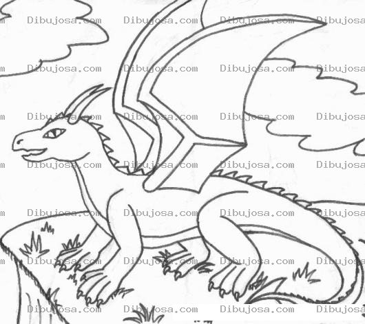 Dibujo para colorear Dibujo De Dragon Sobre Un Penasco Para Pintar Y Colorear Dragon Con Alas En Una Montana
