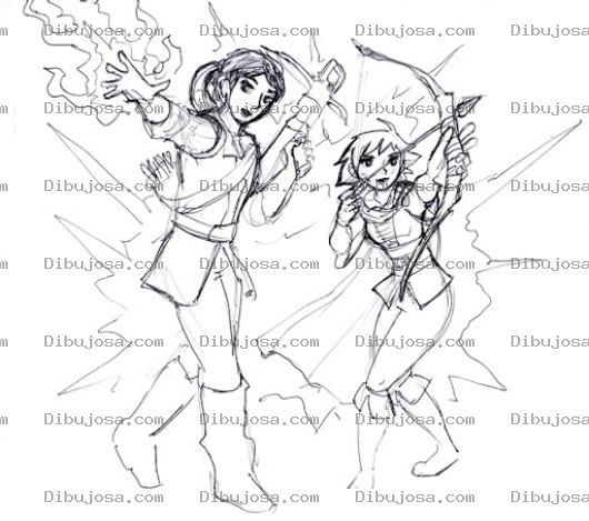 Dibujo para colorear Dibujo De Mujer Tirando Fuego Con La Mano Y Otra Con Un Arco De Felchas Para Pintar Y Colorear