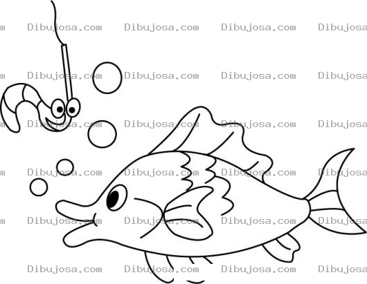Dibujo para colorear Dibujo De Lombriz De Carnada En Un Anzuelo Coqueteandole A Un Pez Para Pintar Y Colorear