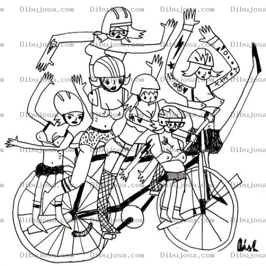 Dibujo para colorear Dibujo De 6 Mujeres En Una Bicicleta Para Pintar Y Colorear