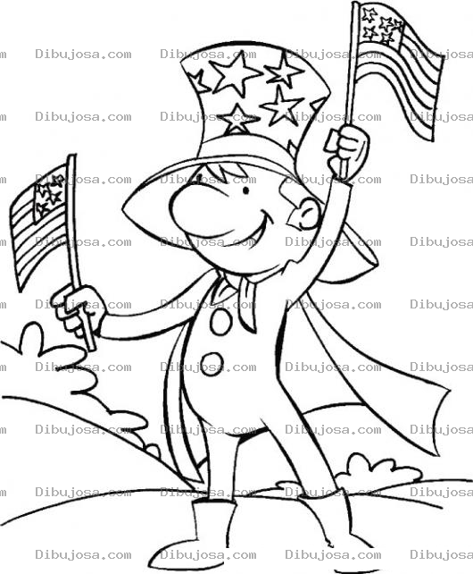 Dibujo para colorear Dibujo De Gringo Celebrando El Dia De La Independencia De Los Estados Unidos 4 De Julio Con Un Sobrero Del Tio Sam Y 2 Banderitas De Usa