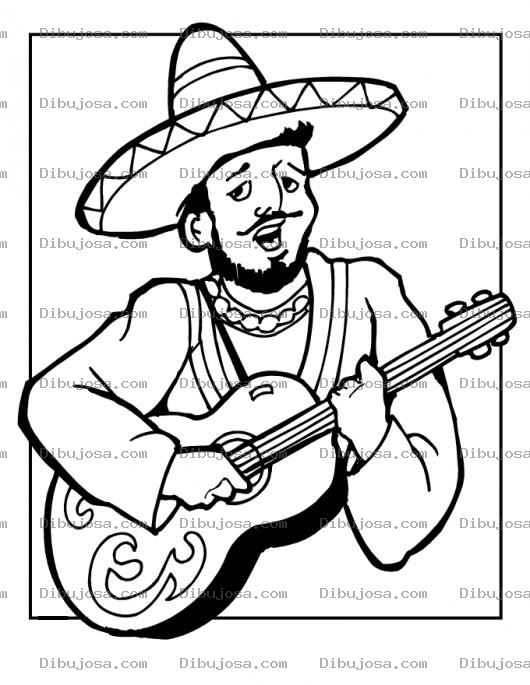 Dibujo para colorear Dibujo De Mexicano Con Guitarra Y Sombrero Charro Para Pintar Y Colorear
