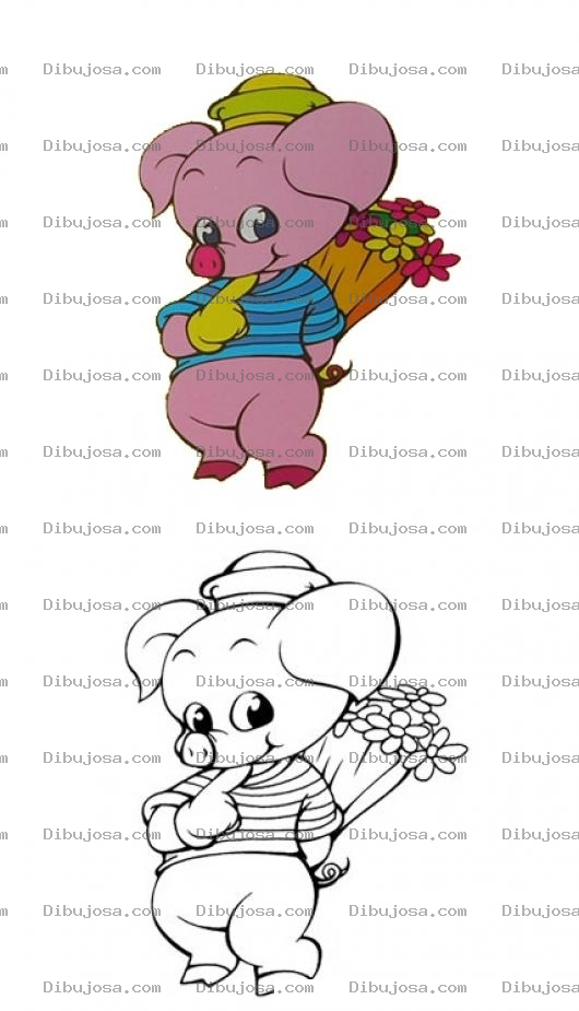 Dibujo para colorear Colorear a un cochinito con flores