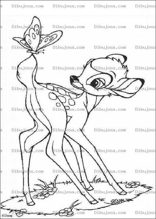 Dibujo para colorear Bambi con una mariposa en la colita