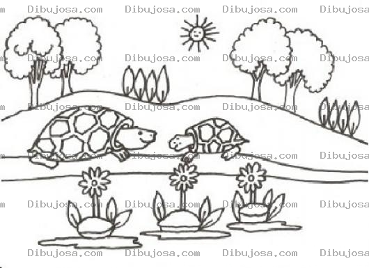Dibujo para colorear Dibujo De Tortuguitas En Un Estanque A La Orilla De Un Rio Para Pintar Y Colorear Tortugas Tortugitas Platicando