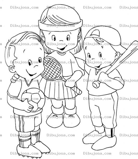 Dibujo para colorear Dibujo De Ninos Deportistas Para Pintar Y Colorear A Un Nene Futbolista Una Nena Tenista Y Otro Nene Beisbolita