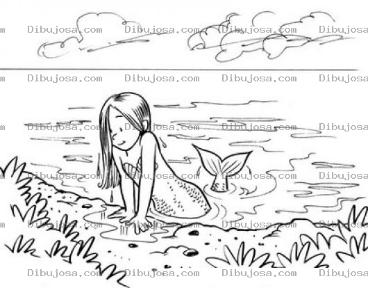 Dibujo para colorear Dibujo De Sirenita En La Orilla De La Playa Saliendo Del Mar Para Pintar Y Colorear