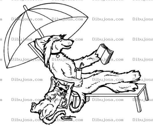 Dibujo para colorear Dibujo De Perro Y Gato Descansando En La Playa Para Pintar Y Colorear