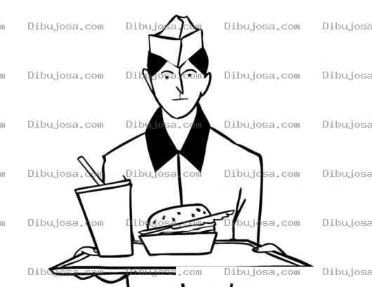 Dibujo para colorear Dibujo De Un Mesero Sosteniendo Una Bandeja Con Una Gaseosa Y Una Hamburguesa Para Pintar Y Colorear