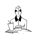 Dibujo para colorear Dibujo De Un Mesero Sosteniendo Una Bandeja Con Una Gaseosa Y Una Hamburguesa Para Pintar Y Colorear