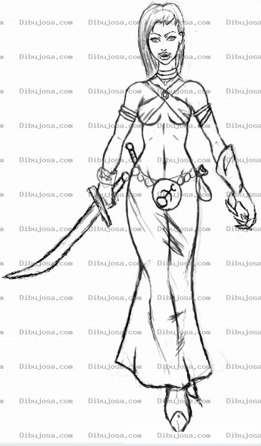 Dibujo para colorear Dibujo De Mujer Guerrera Con Espada Para Pintar Y Colorear