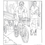 Dibujo para colorear Dibujo De Ciclista Paseando A Un Perro A La Par De Una Mesera En Patines Para Pintar Y Colorear