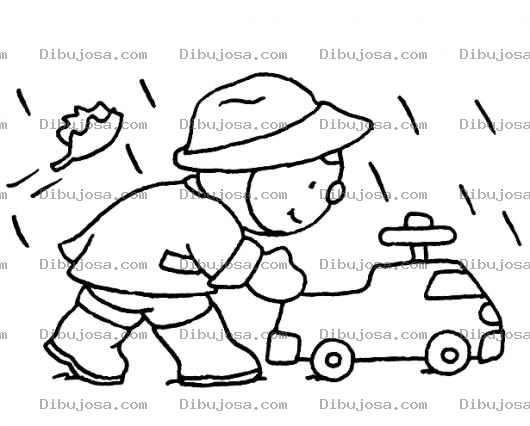 Dibujo para colorear Camion De Bomberos Dibujo De Nino Bomberito Jugando Con Su Carrito Bajo La Lluvia Para Pintar Y Colorear