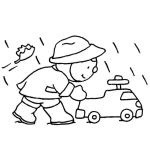 Dibujo para colorear Camion De Bomberos Dibujo De Nino Bomberito Jugando Con Su Carrito Bajo La Lluvia Para Pintar Y Colorear
