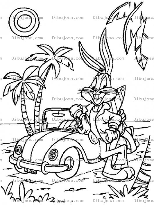 Dibujo para colorear Dibujo De Bugs Bunny En La Playa Con Su Carro Convertible Para Pintar Y Colorear