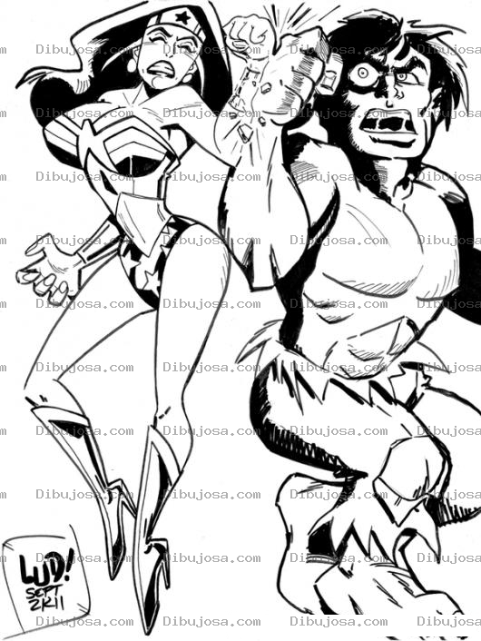 Dibujo para colorear Dibujo De La Mujer Maravilla Bailando Con Hulk Para Pintar Y Colorear