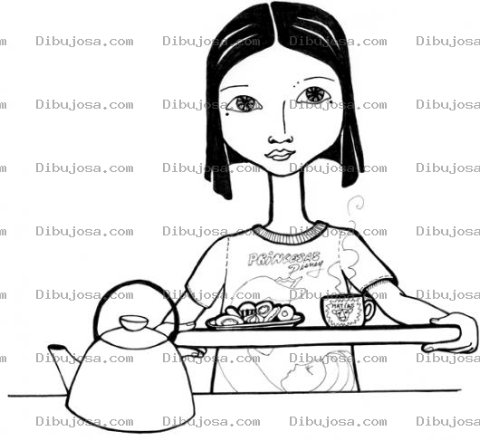 Dibujo para colorear Dibujo De Chica Con El Desayuno En Una Bandeja Para Pintar Y Colorear