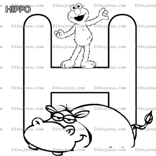 Dibujo para colorear Letra H para colorear con elmo y con un hipopotamo