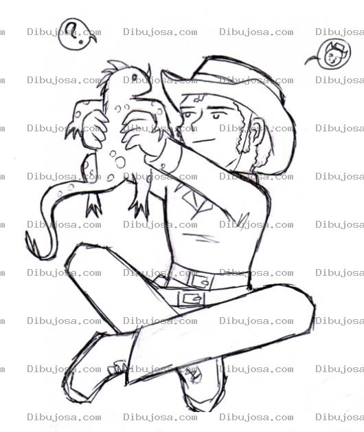 Dibujo para colorear Nino Vaquerito Jugando Con Una Iguana De Juguete Para Pintar Y Colorear