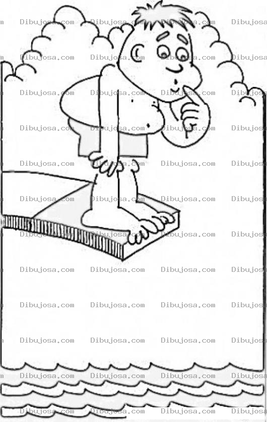 Dibujo para colorear Trampolines Para Piscinas Dibujo De Un Nino Gordito Parado En Un Trampolin Frente A Una Piscina Para Pintar Y Colorear